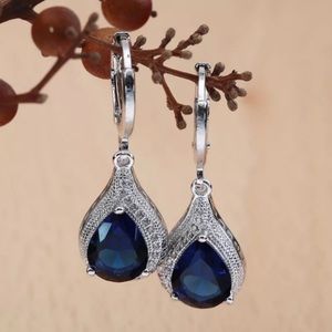 BLUE SAPPHIRE & DIAMOND DROP HOOP EARRINGS
